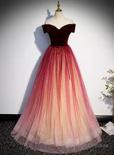 Burgundy Tulle Sequins Off the Shoulder Prom Dress